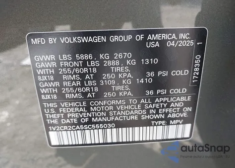 2025 Volkswagen Atlas 2.0T Peak Edition from USA, damaged, VIN 1V2CR2CA5SC555030